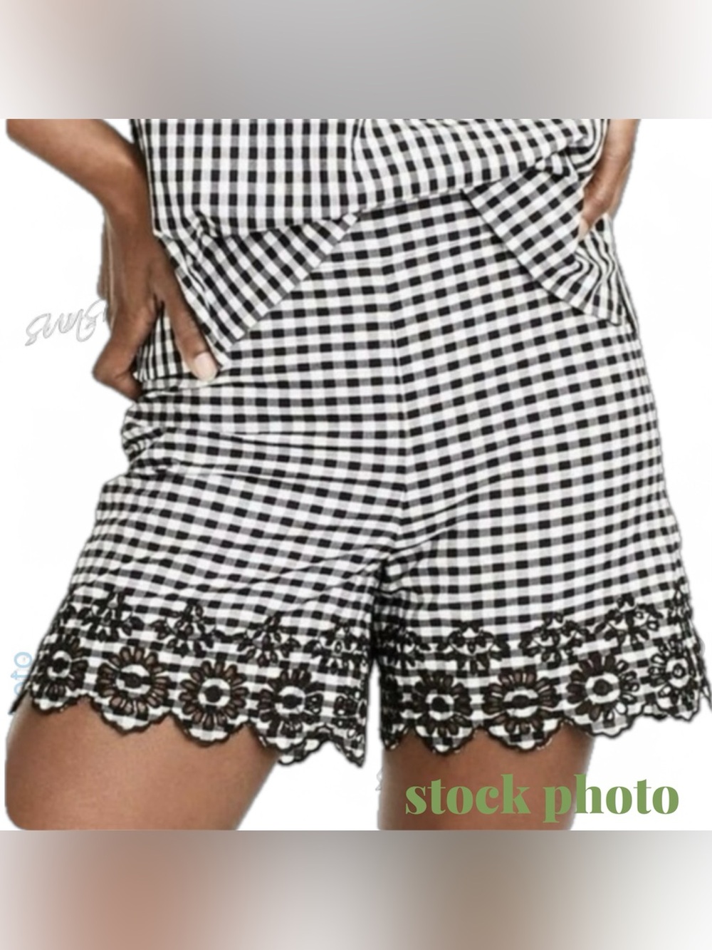 JCREW Black-White Gingham Floral Black Eyelet Lace Scallop Trim Shorts size 00